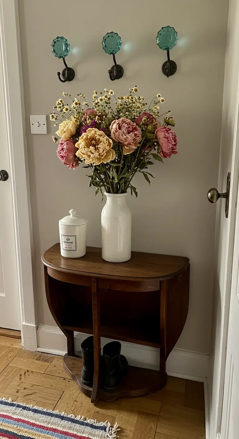 Pequeña consola de madera con un gran ramo de peonías y una vela aromática blanca.