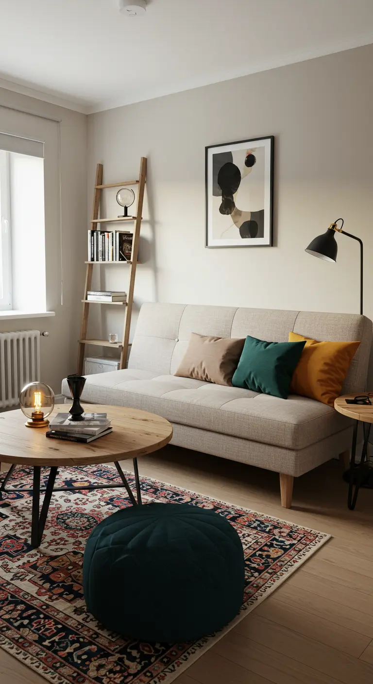 Sala de estar pequeña y acogedora con sofá beige, cojines de colores y estantería escalera.