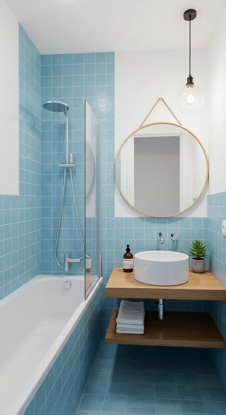 Baño pequeño y funcional con azulejos cuadrados azul cielo y espejo redondo.
