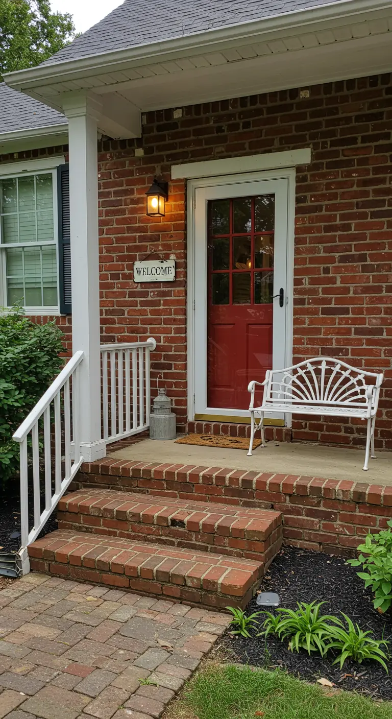 Pequeña entrada de ladrillo con puerta roja, escalones y un delicado banco blanco.