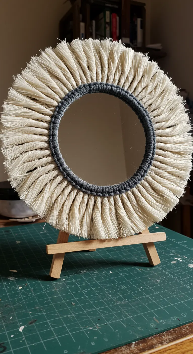 Pequeño espejo de macramé con borde azul oscuro, apoyado en un caballete.