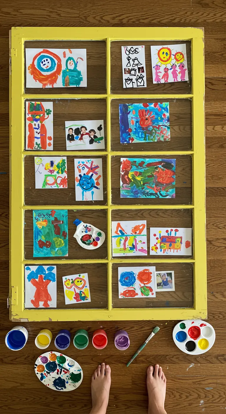 Marco de ventana amarillo vibrante mostrando una colección de dibujos infantiles.