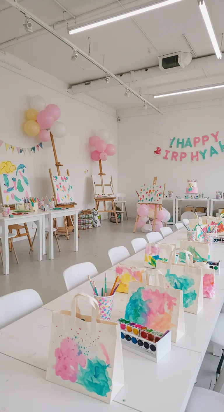 Bolsas de tela blancas pintadas con acuarelas de colores para una fiesta de arte.