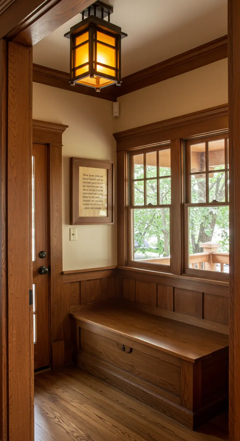 Entrada de estilo Craftsman con un banco de madera y un pequeño cuadro de texto en la pared.