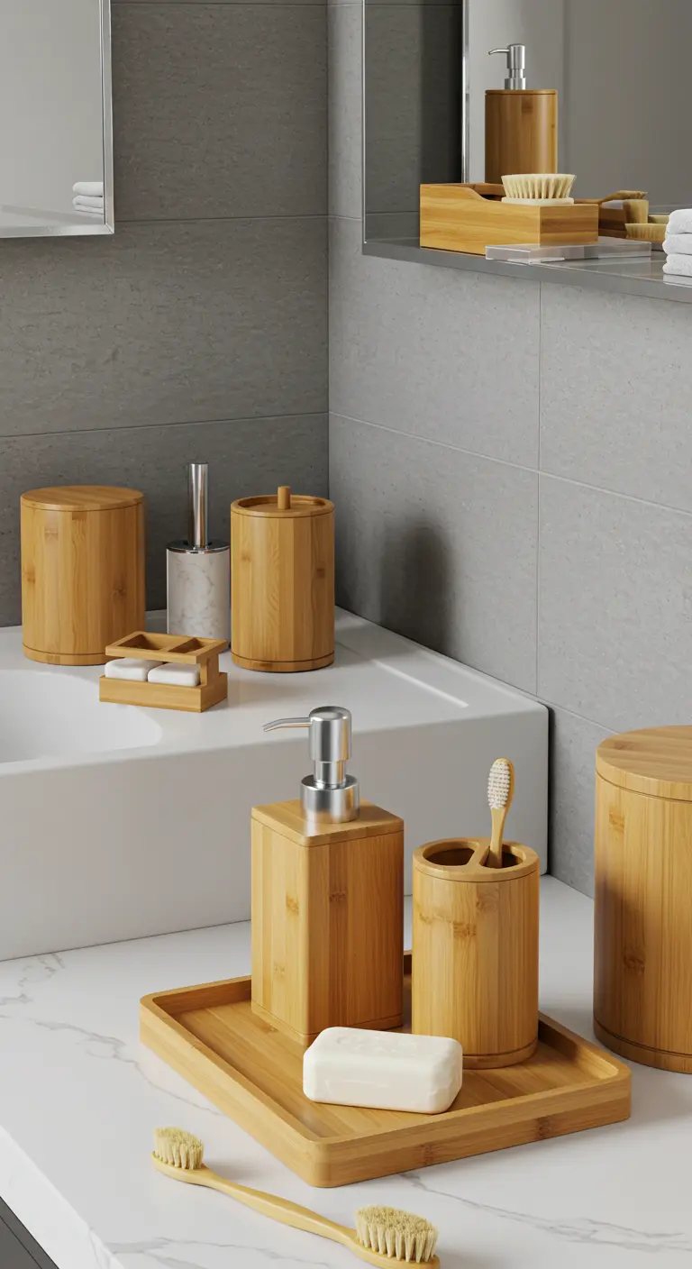 Conjunto de accesorios de baño de bambú: dispensador, jabonera, portacepillos y bandeja.