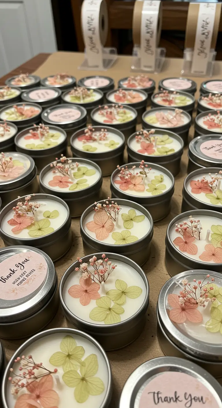 Pequeñas velas en latas de metal decoradas con hortensias secas.