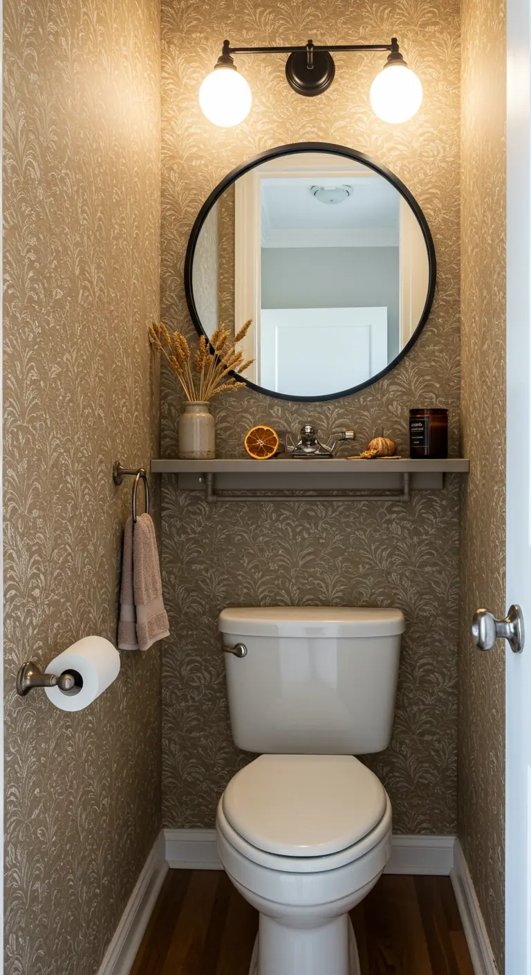 Aseo pequeño con papel pintado y sutiles detalles otoñales como trigo seco y naranja.