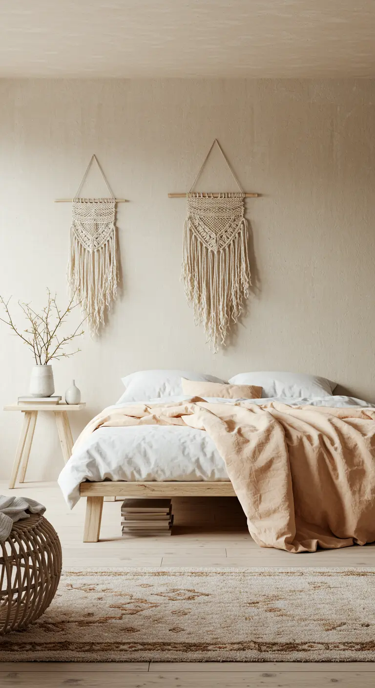 Dormitorio minimalista y cálido con dos pequeños tapices de macramé colgados sobre la cama.