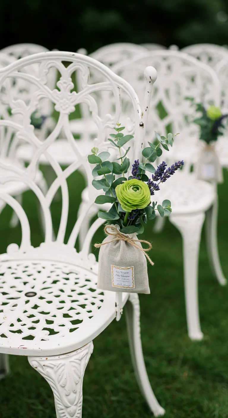 Silla de jardín blanca con un saquito de lino colgando, lleno de eucalipto y flores.