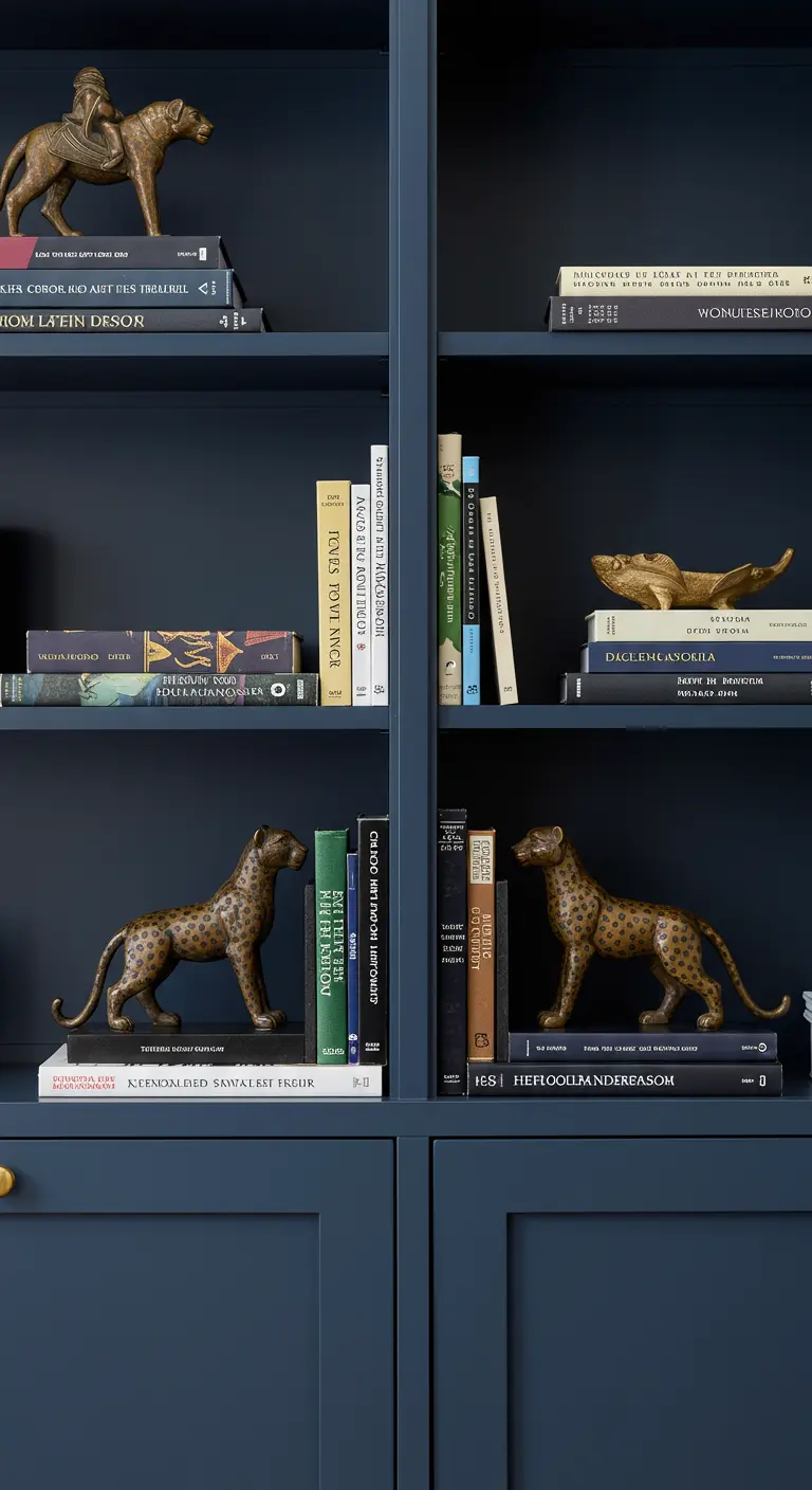 Estantería azul oscuro decorada con libros y figuras de leopardos de bronce de estilo africano.
