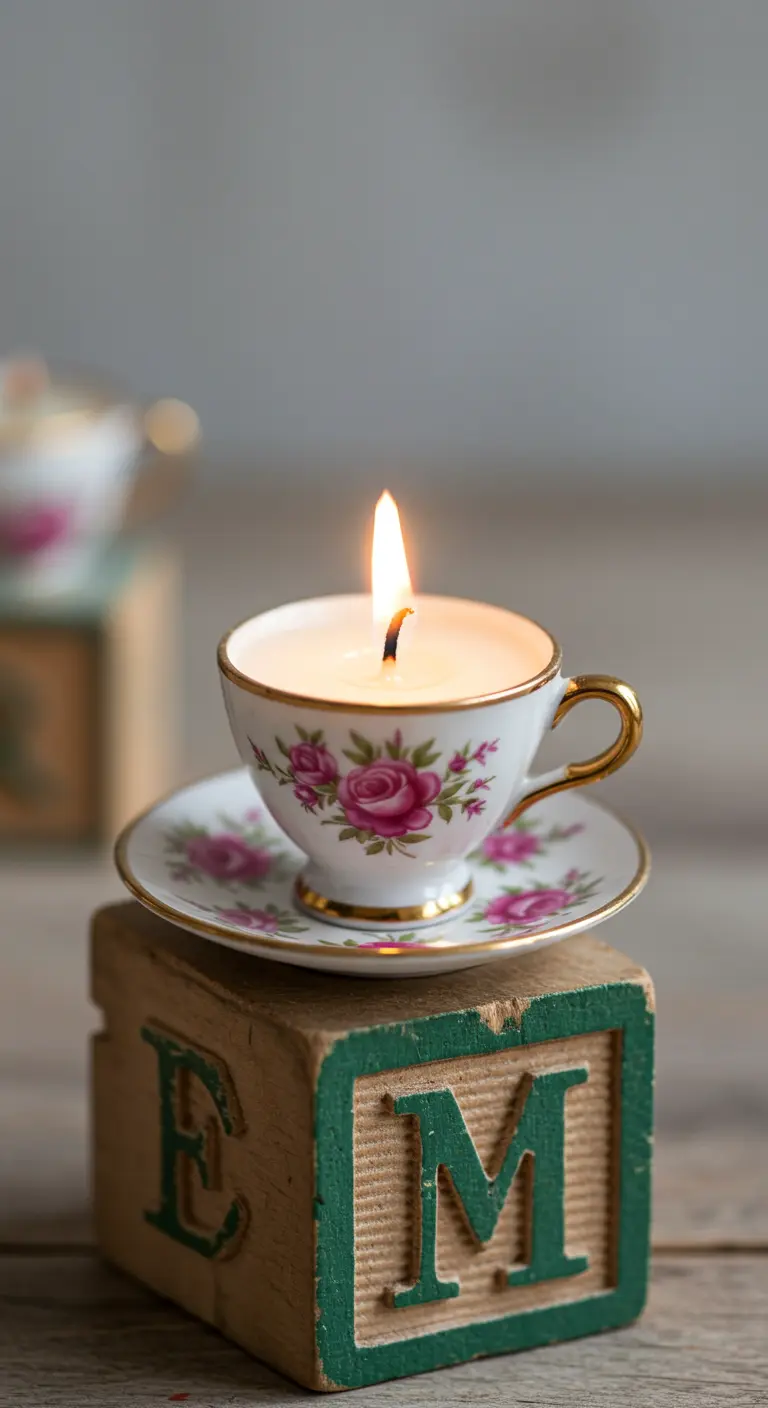 Pequeña vela encendida en una taza de espresso floral sobre un bloque de madera con letras