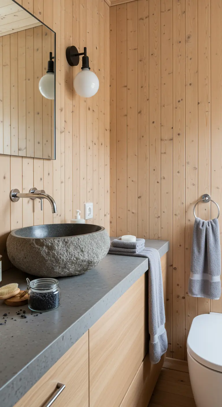 Baño de estilo natural con lavabo de piedra y un frasco de vidrio oscuro con sales de baño.