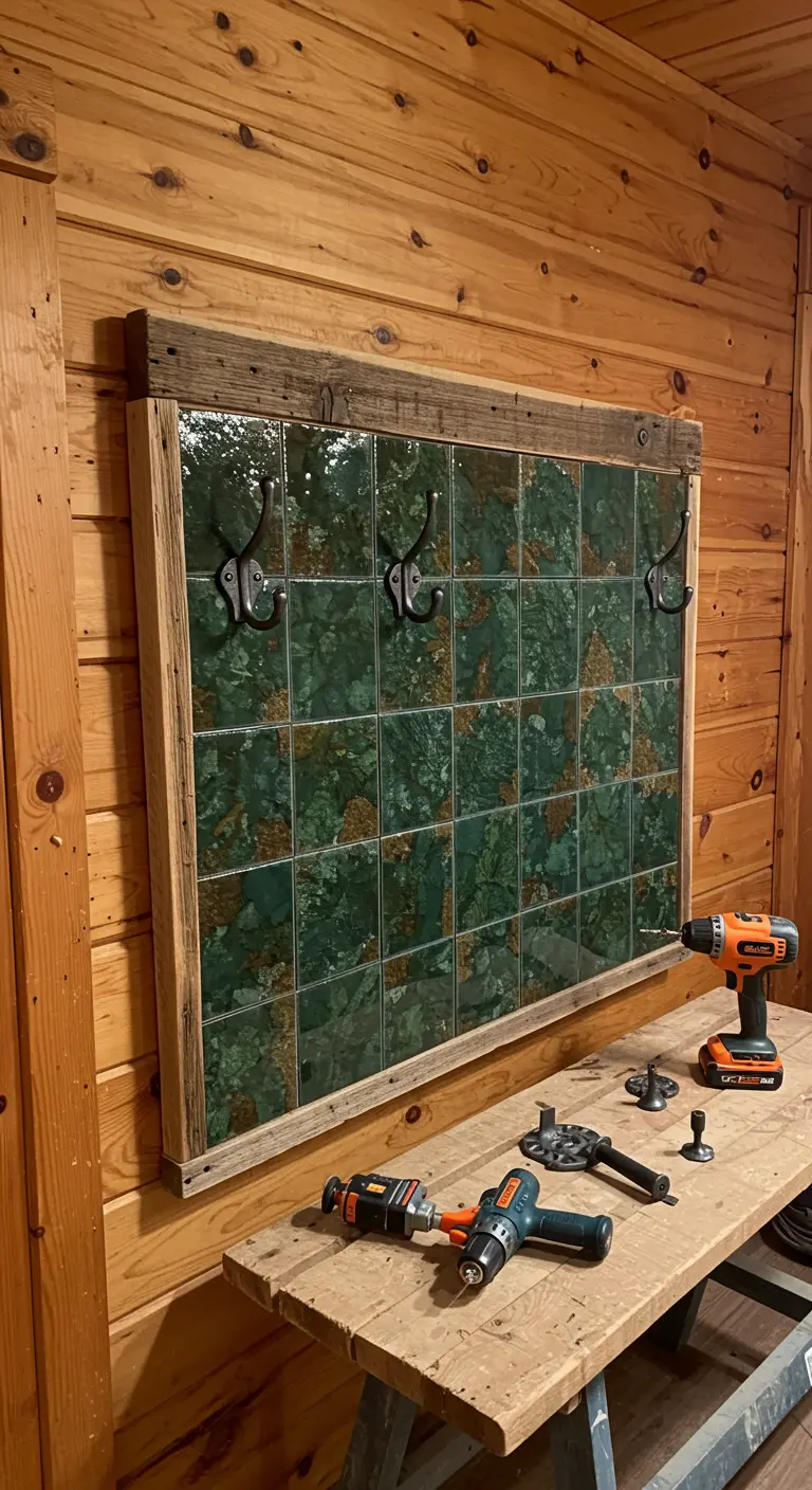 Perchero de pared hecho con un marco de madera reciclada y un fondo de azulejos verdes texturizados.