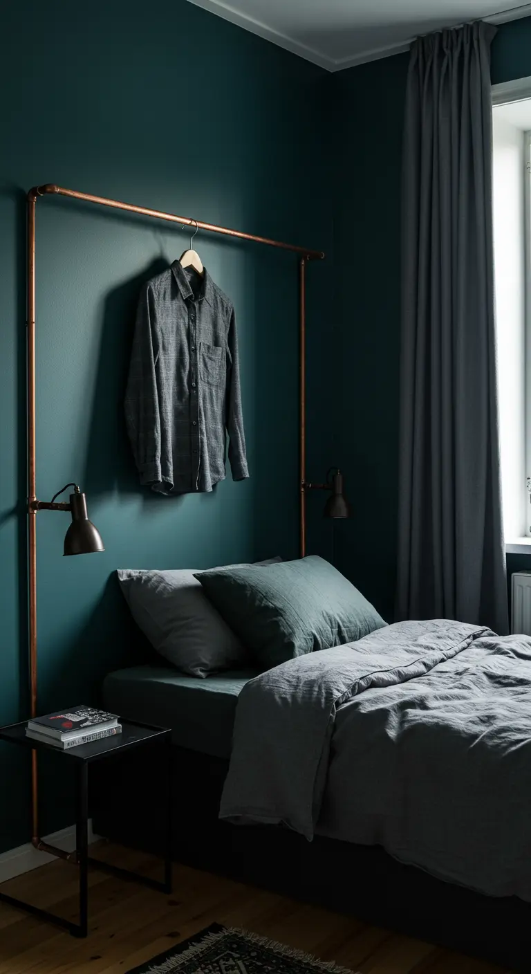 Perchero de pared hecho con tuberías de cobre en un dormitorio con paredes verde oscuro.