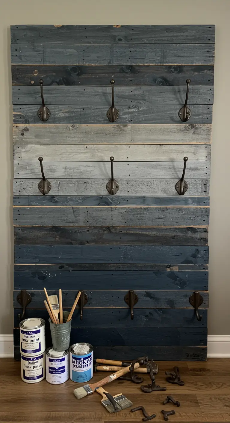 Perchero de pared hecho con listones de madera pintados en varios tonos de gris y azul.