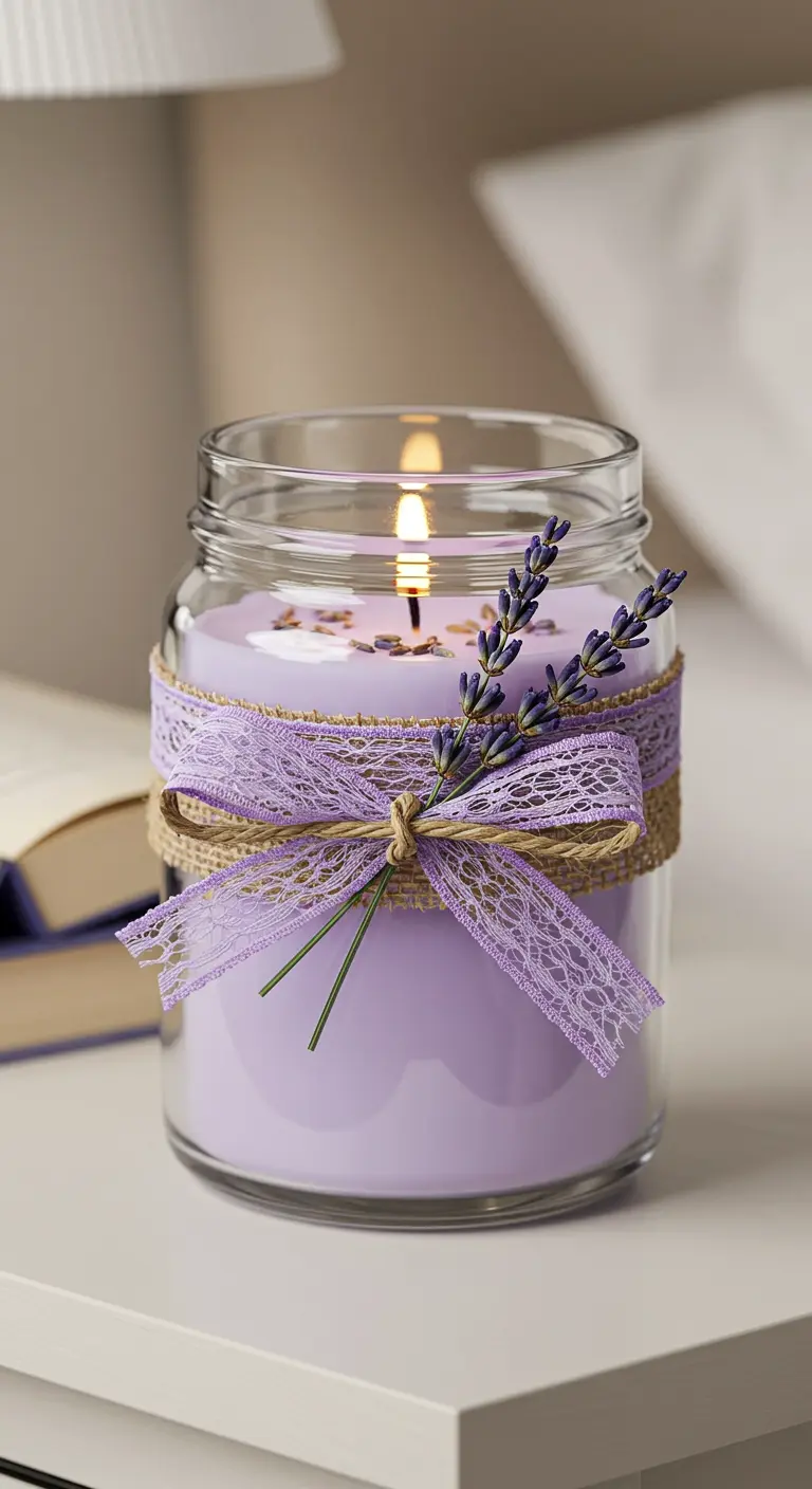 Vela de cera color lavanda en un frasco decorado con encaje lila, yute y ramitas de lavanda.