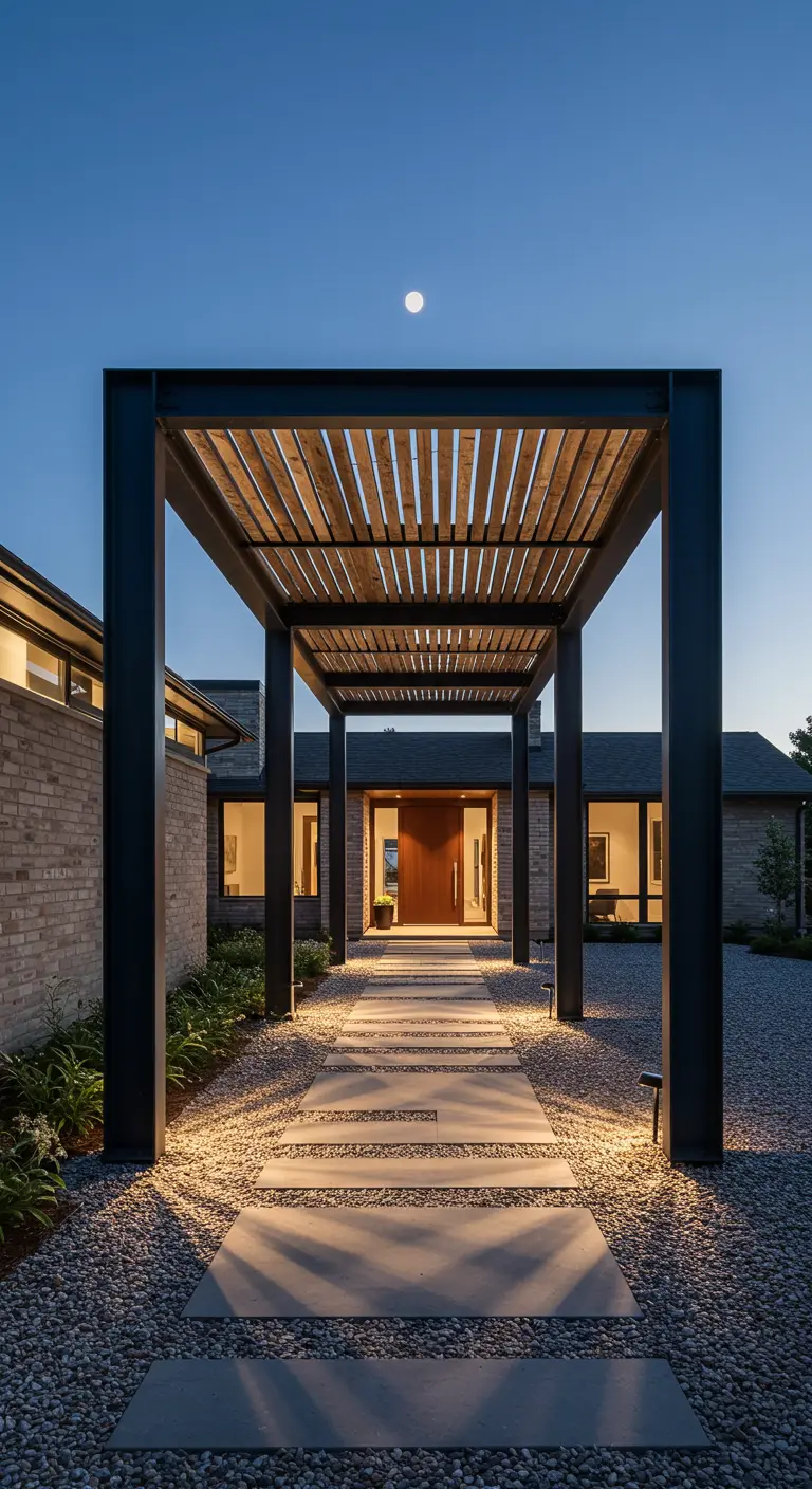 Pérgola moderna de acero negro y madera que conduce a la puerta de una casa, iluminada por la noche.