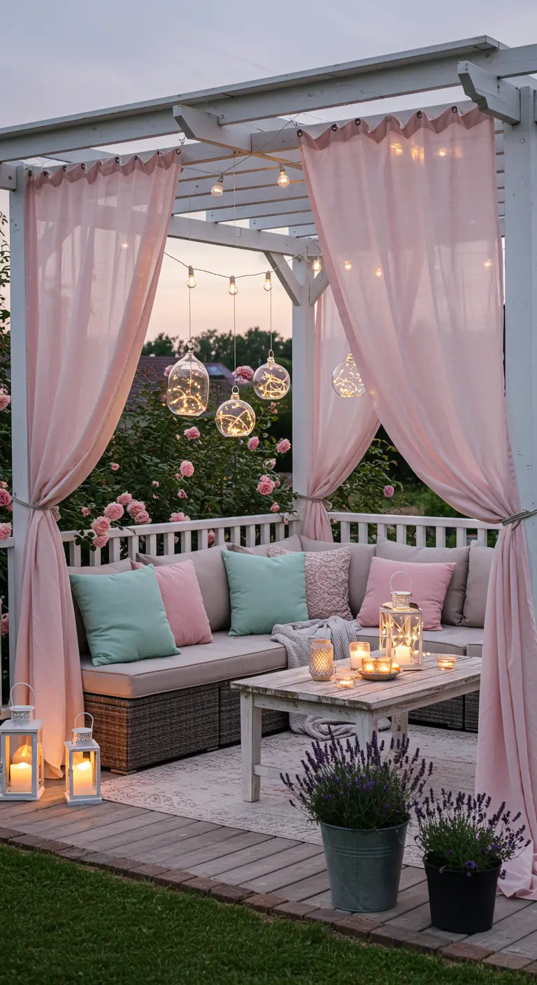 Pérgola blanca con cortinas rosa pastel, sofá de exterior y luces cálidas al atardecer.