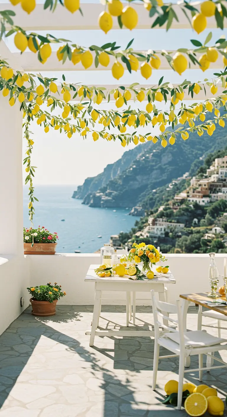 Guirnaldas de limones y hojas de papel decorando una terraza con vistas al mar.