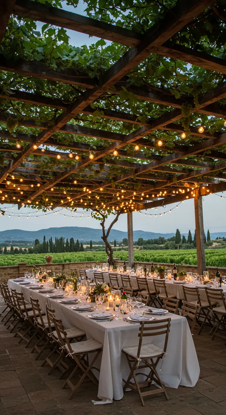Cena de boda bajo una pérgola de madera cubierta de enredaderas y guirnaldas de bombillas.