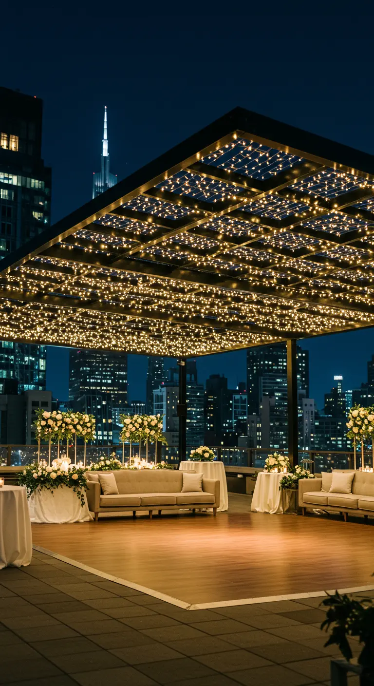 Azotea con una pérgola cubierta de luces, sofás y vistas al skyline de la ciudad de noche.