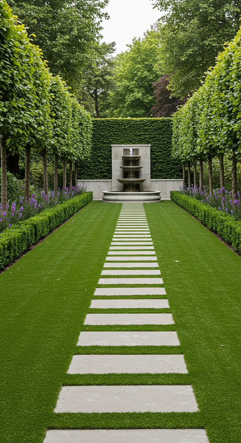 Jardín formal con un camino de losas que lleva a una fuente clásica rodeado de árboles.