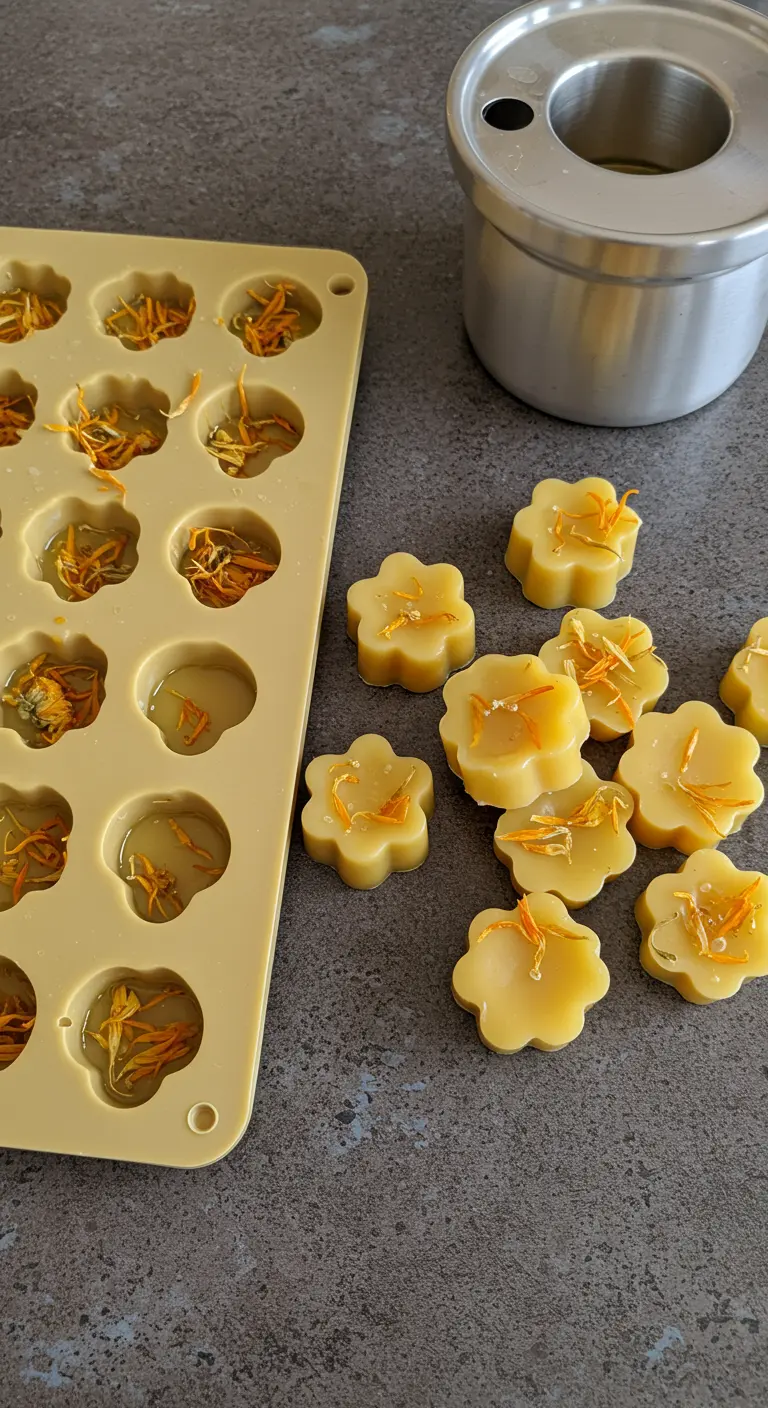 Ceras aromáticas de cera de abeja en forma de flor, con pétalos de caléndula, en un molde de silicona.