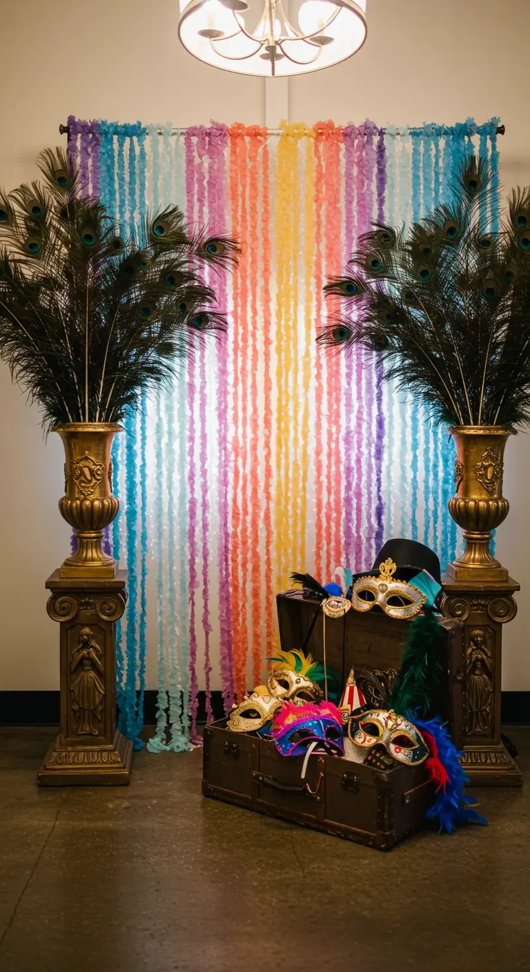 Fondo de photocall hecho con tiras de papel crepé de colores y accesorios de carnaval.