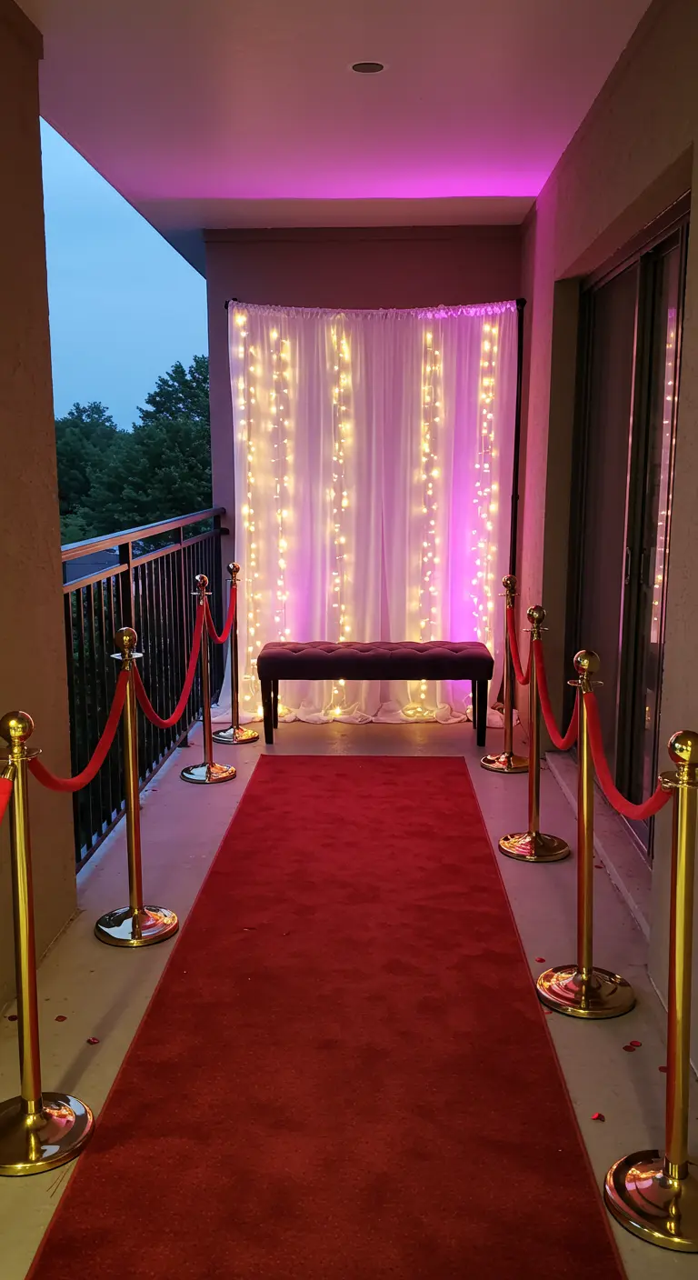 Balcón preparado como un photocall con alfombra roja, postes dorados y una cortina de luces cálidas de fondo