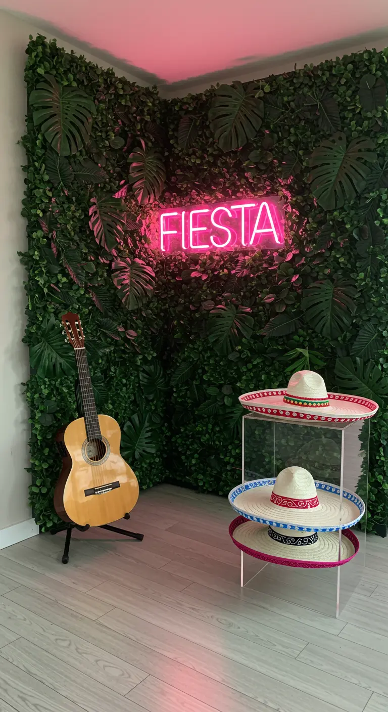 Pared de hojas verdes con un letrero de neón rosa que dice FIESTA y sombreros en un pedestal.