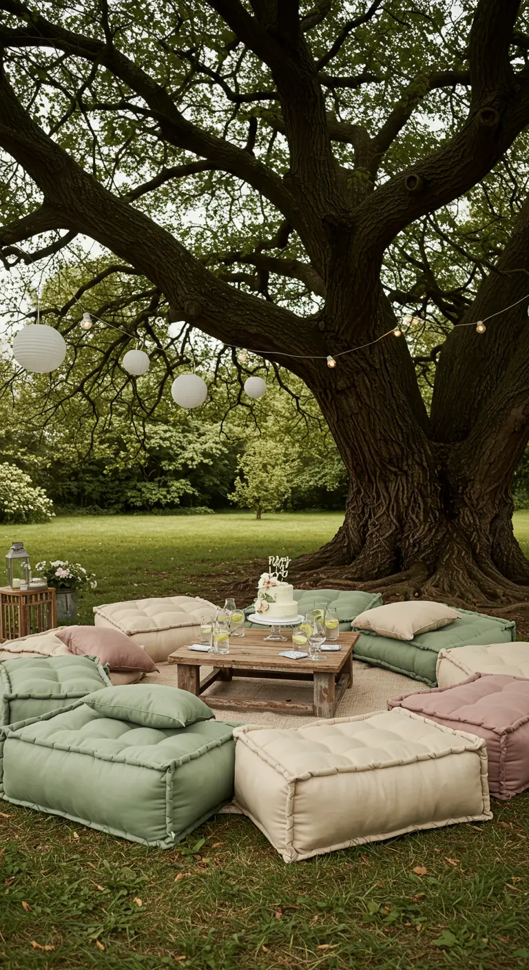 Zona de picnic con cojines de suelo en tonos pastel bajo un gran árbol.