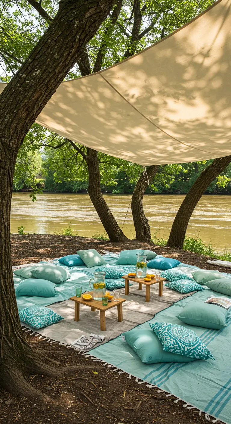 Picnic junto a un río bajo una lona, con mantas y cojines en tonos turquesa.