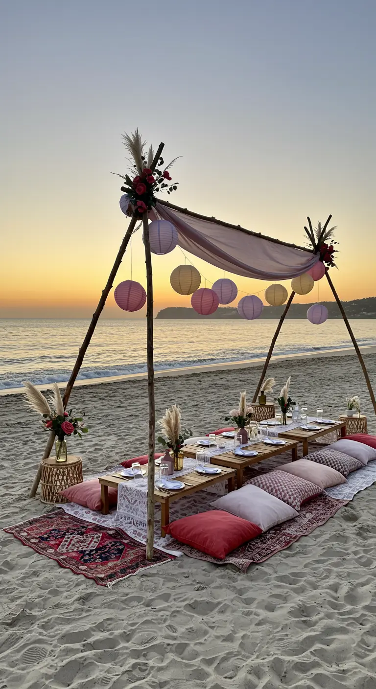 Picnic bohemio en la playa con dosel, cojines y lámparas de papel rosas al atardecer.