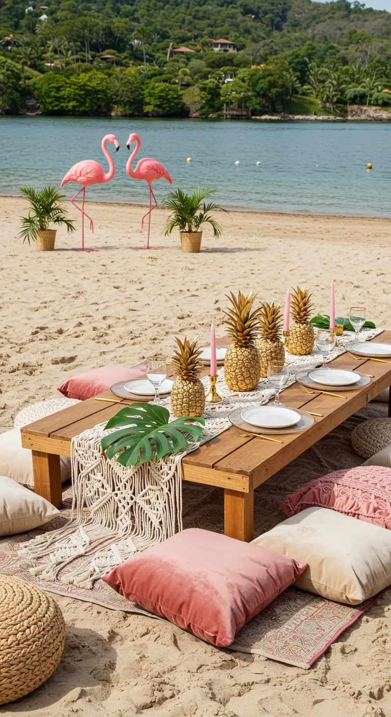 Mesa de picnic en la playa con piñas doradas, cojines rosas y dos flamencos decorativos.