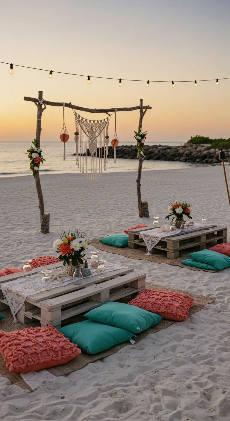 Picnic de cumpleaños bohemio en la playa con mesas de palets y cojines.