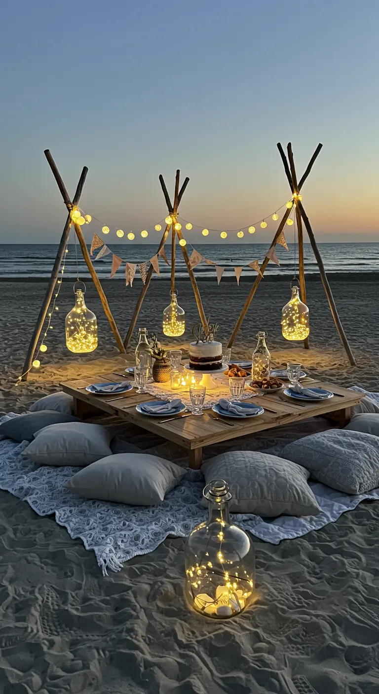 Escena de pícnic bohemio en la playa al atardecer, con tipis, luces y cojines sobre la arena.