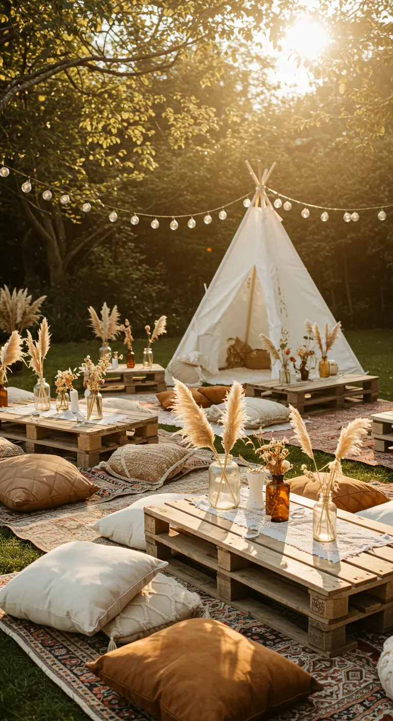 Picnic bohemio en un jardín con palets, cojines, una tienda tipi y flores de pampa en tarros.