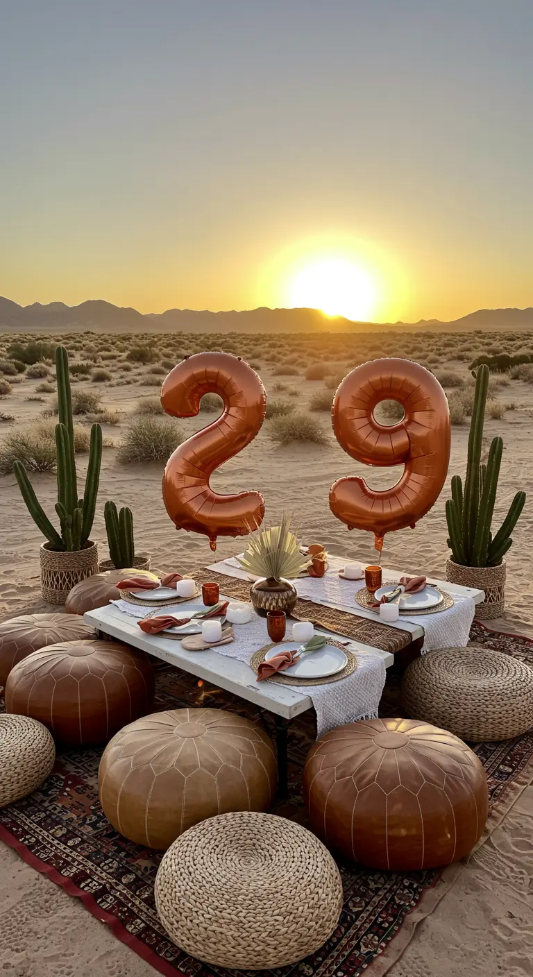 Pícnic en el desierto con globos del número 29, mesas bajas y pufs de cuero.