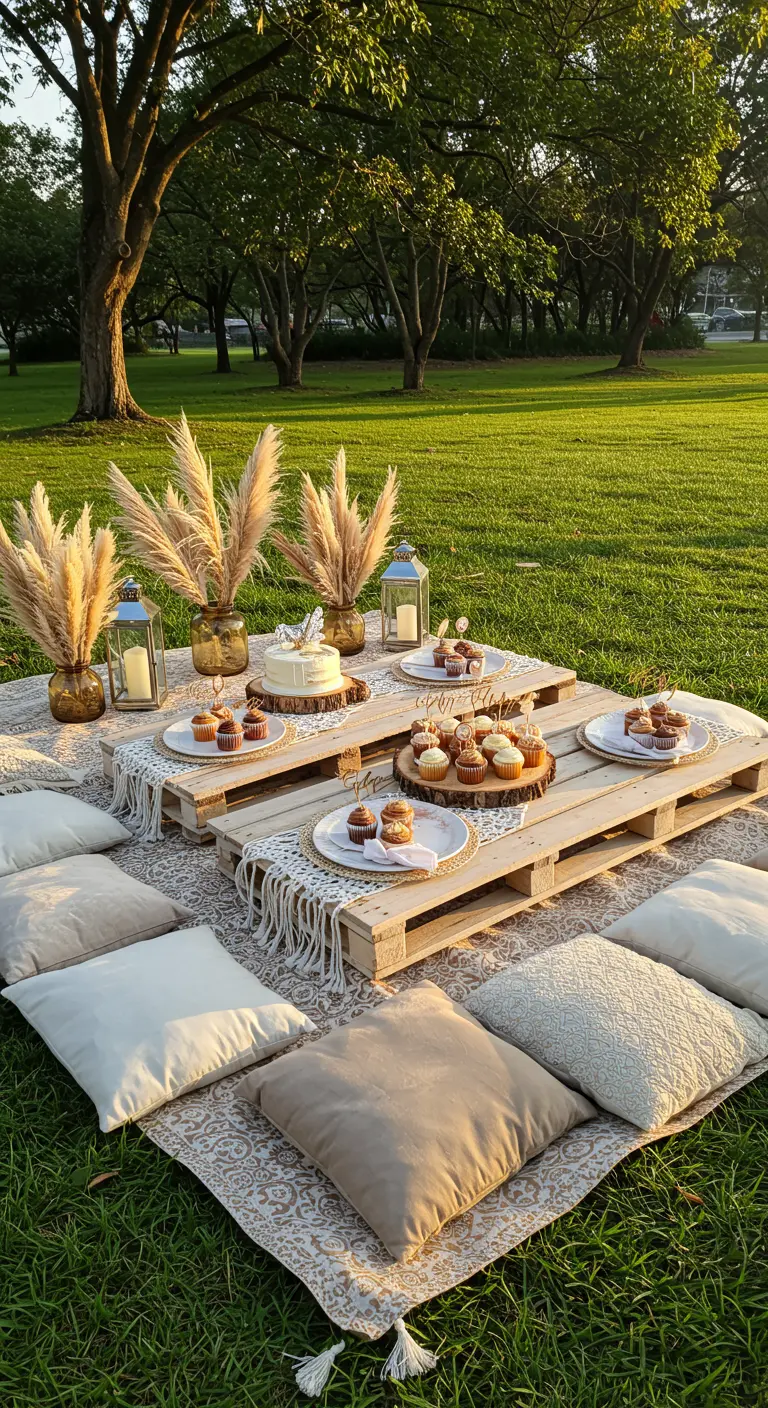 Picnic bohemio en el césped con una mesa de palets, cojines y cupcakes.