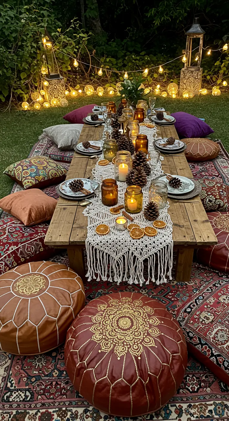 Mesa baja estilo picnic en el jardín con cojines, camino de macramé, velas en frascos y piñas.