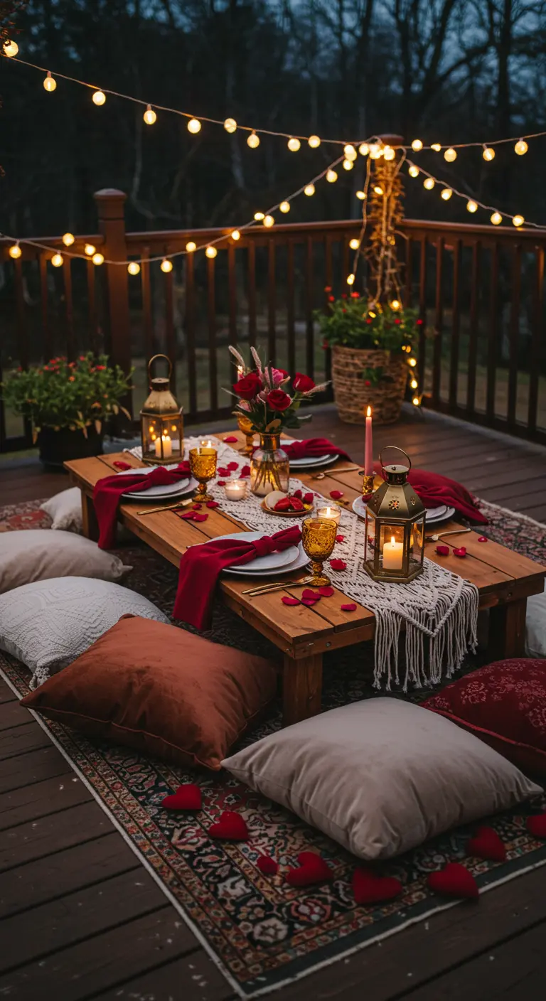 Mesa baja de picnic en una terraza con cojines, farolillos y guirnaldas de luces.
