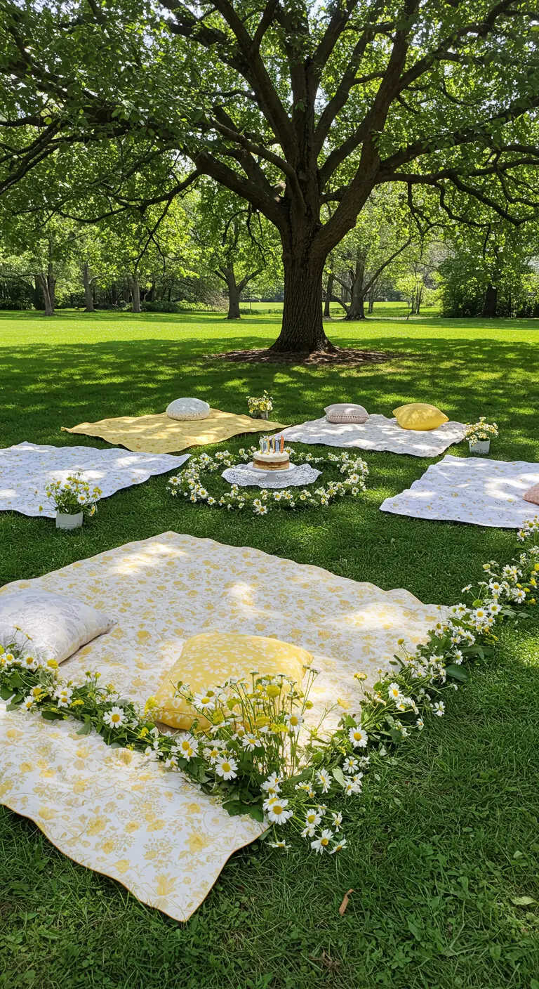 Picnic en el césped con mantas rodeadas de guirnaldas de margaritas.