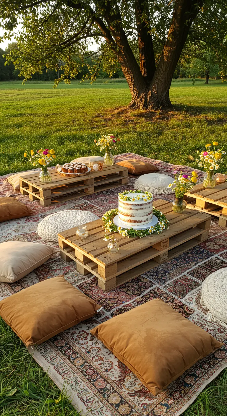 Pastel en una mesa de palets rodeada de cojines en un picnic bohemio.