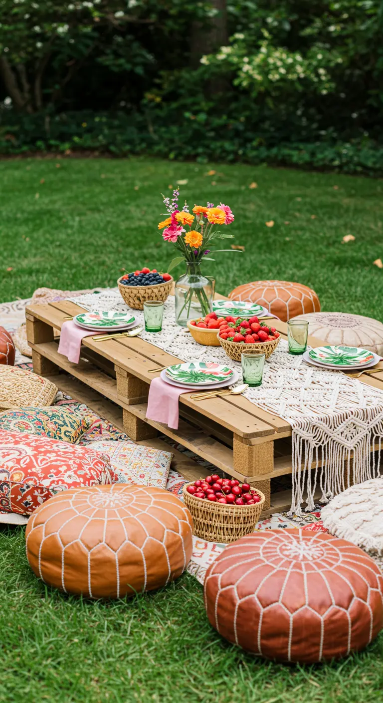Mesa de palets baja sobre césped, rodeada de cojines boho y cuencos de bayas.