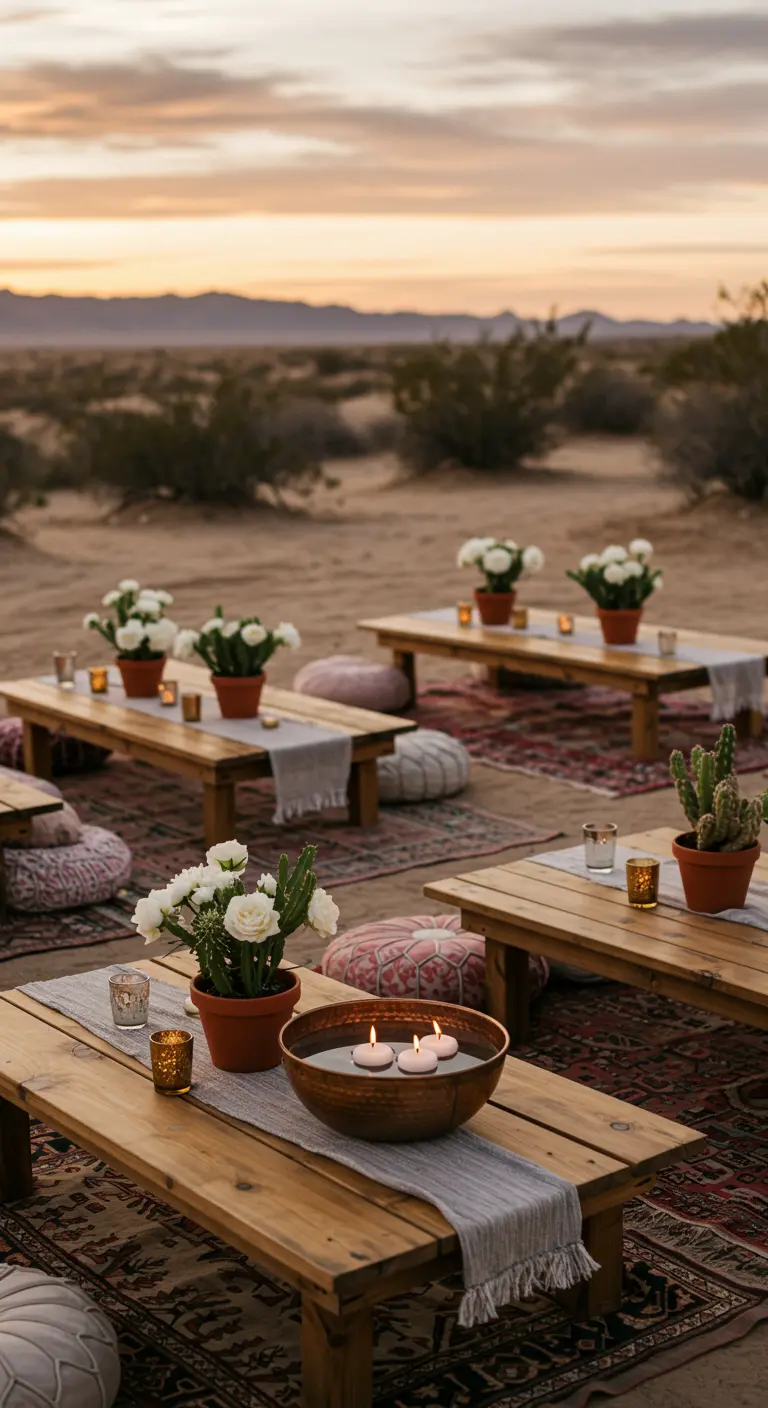 Picnic bohemio en el desierto con mesas bajas, alfombras y un cuenco de cobre con velas.
