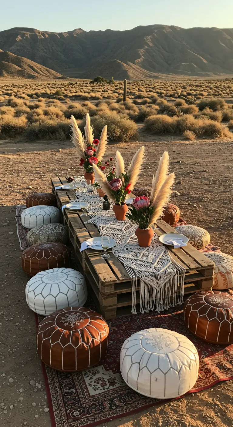 Mesa baja hecha con palets en el desierto, rodeada de pufs de cuero y decoración bohemia.