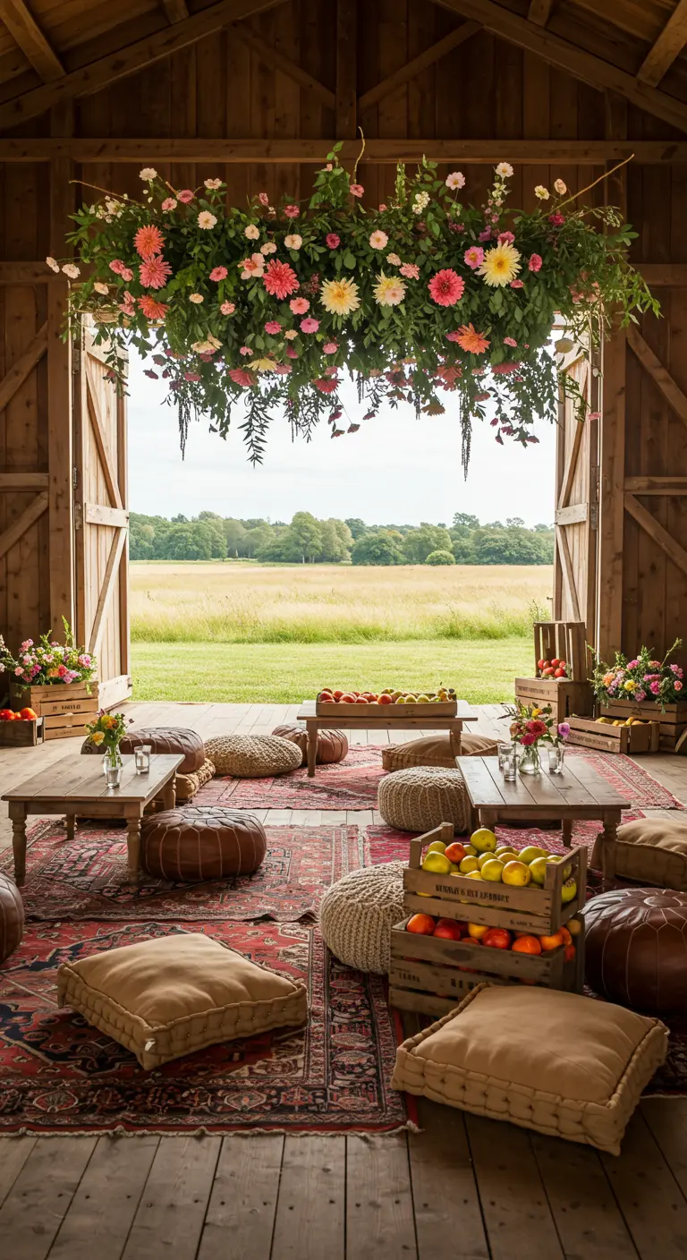 Interior de un granero con mesas bajas, cojines en el suelo y una gran instalación floral colgante.