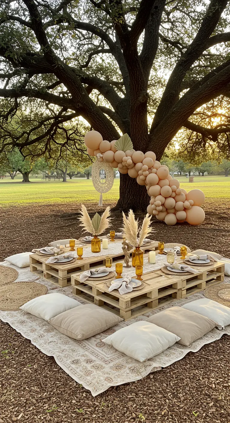 Picnic estilo boho en un campo, con mesas de palets, cojines y un arco de globos al atardecer.