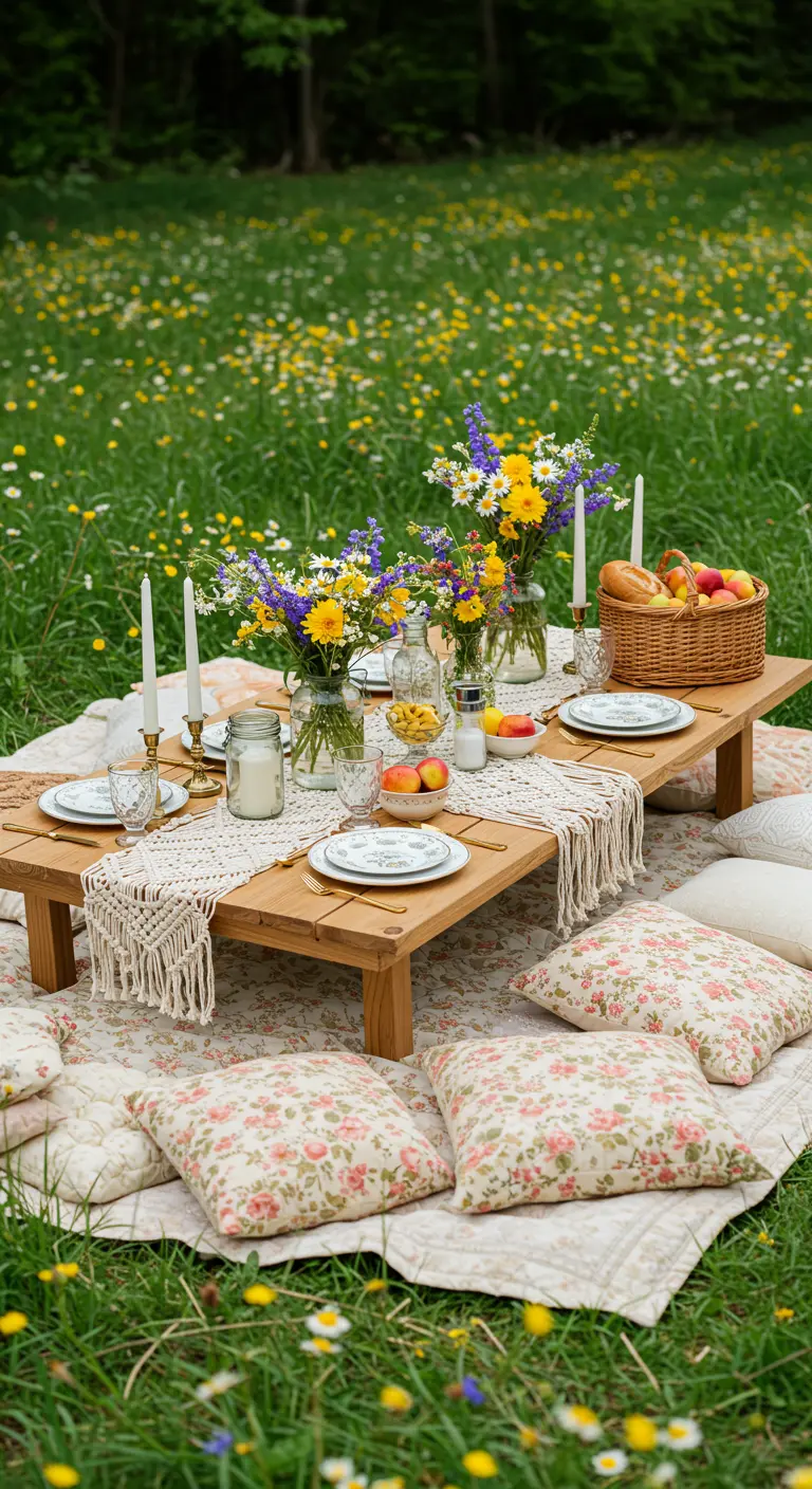 Picnic bohemio en un prado con mesa baja, cojines florales y camino de macramé.