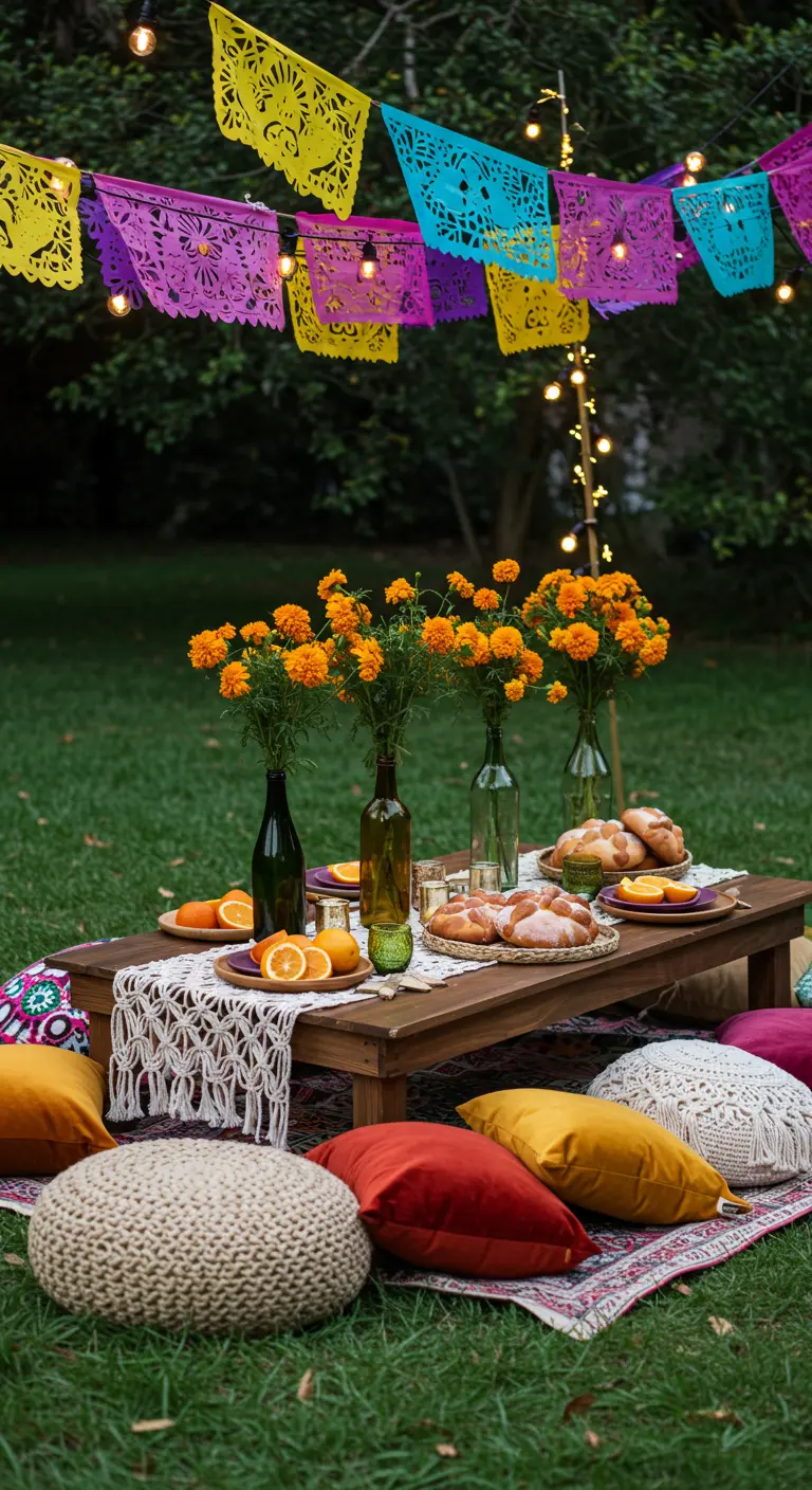 Picnic bohemio para Día de Muertos con cojines, pan de muerto y flores en el césped.